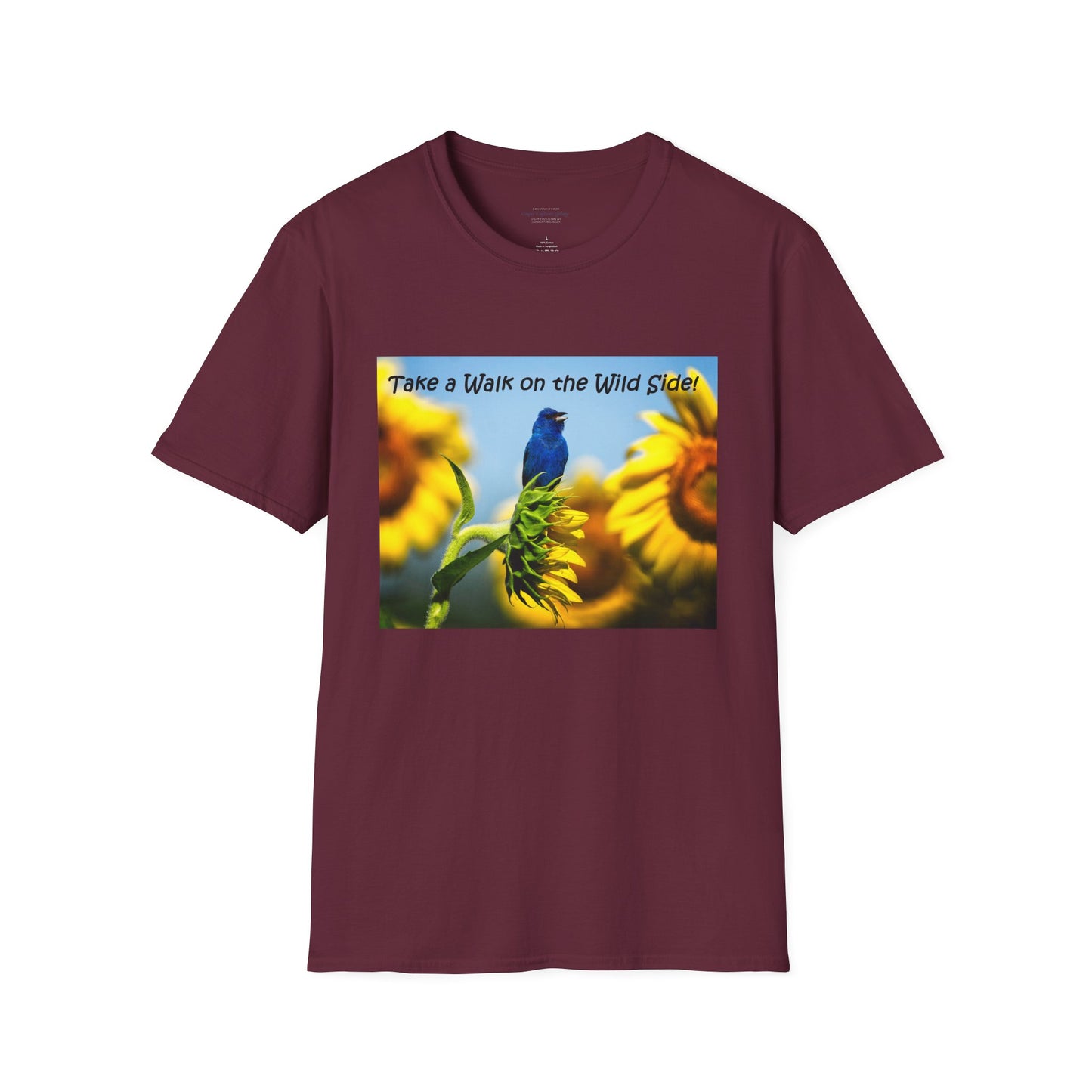 Indigo bunting on sunflowers with a blue sky - T-shirt
