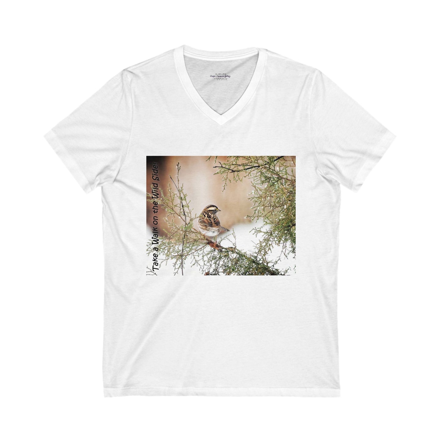 Sparrow in a snow-speckled evergreen. V-Neck Tee-Shirt