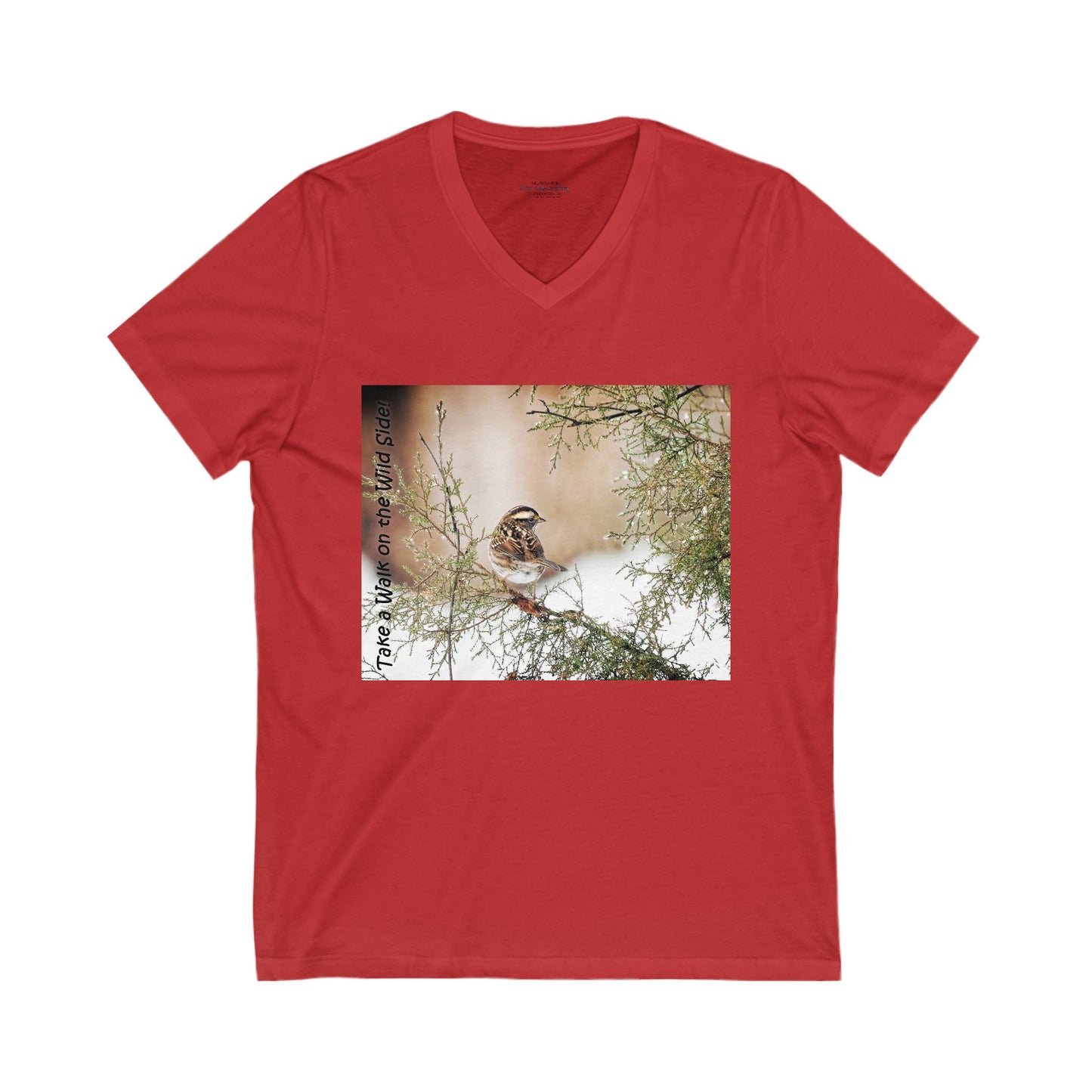 Sparrow in a snow-speckled evergreen. V-Neck Tee-Shirt