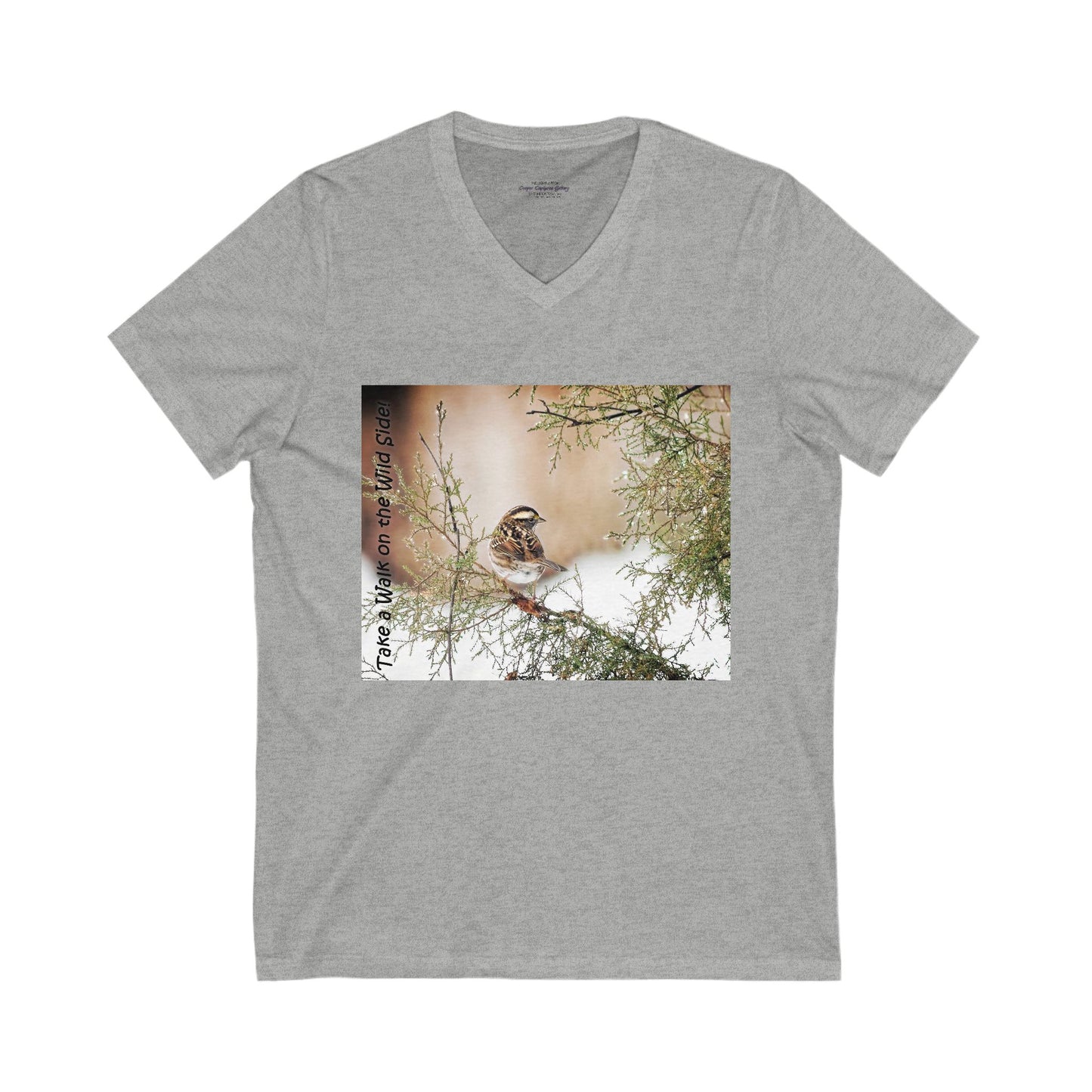 Sparrow in a snow-speckled evergreen. V-Neck Tee-Shirt