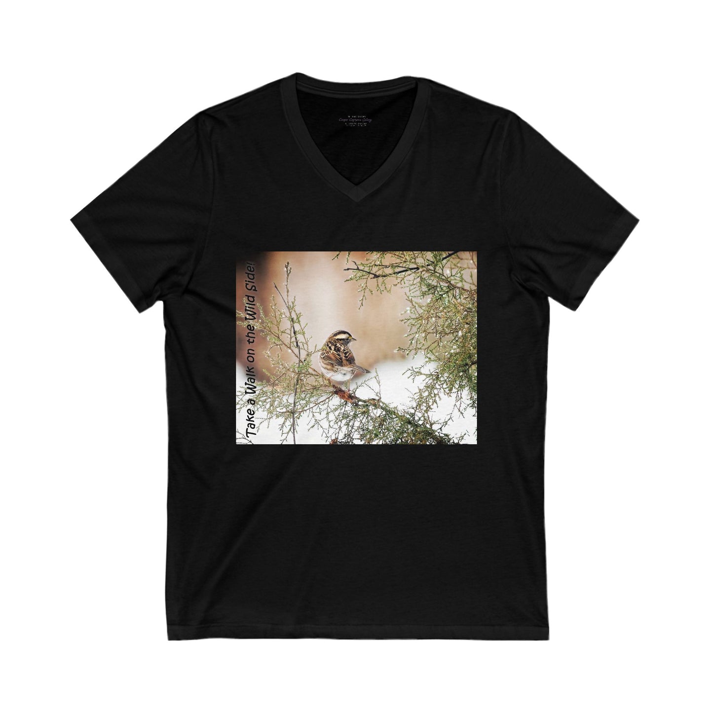 Sparrow in a snow-speckled evergreen. V-Neck Tee-Shirt