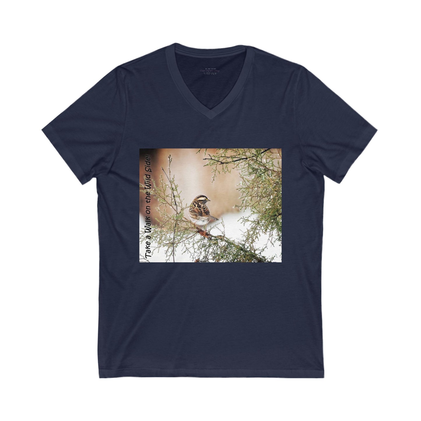 Sparrow in a snow-speckled evergreen. V-Neck Tee-Shirt