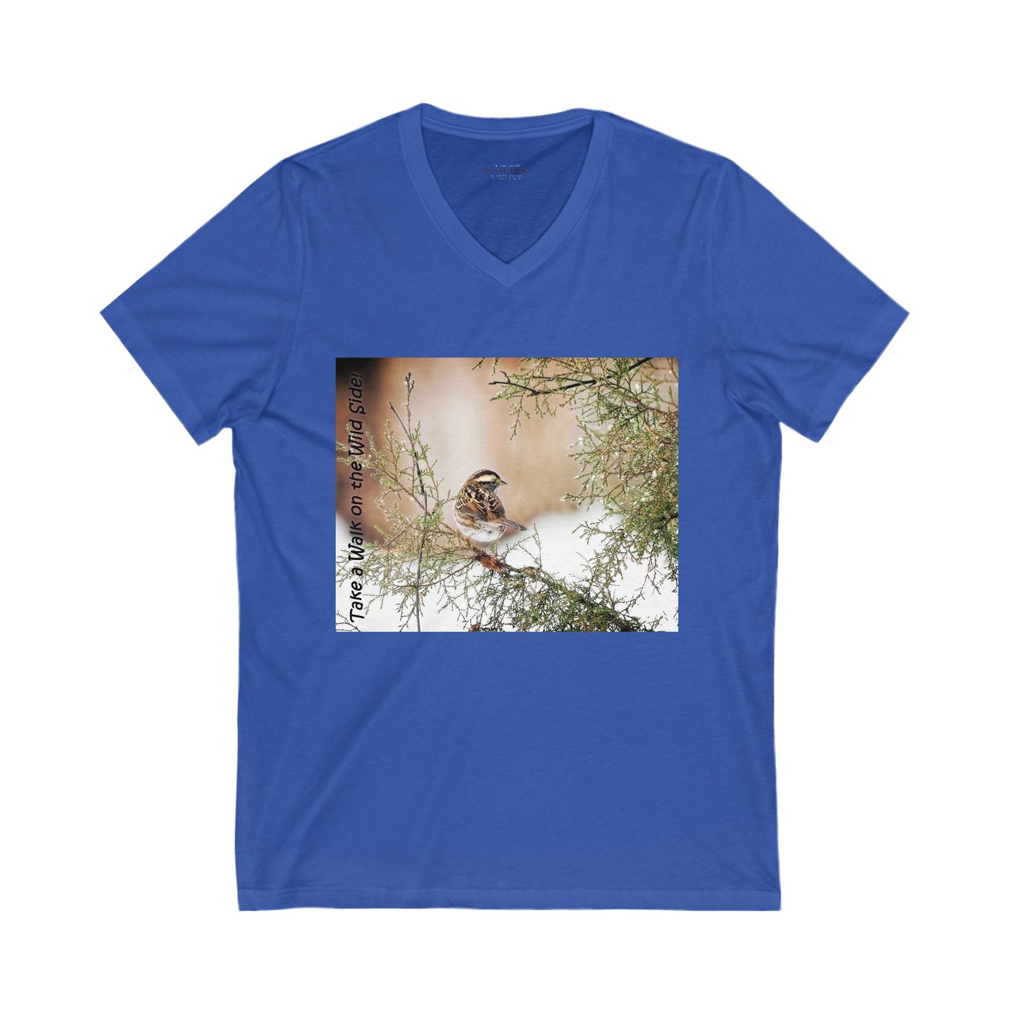 Sparrow in a snow-speckled evergreen. V-Neck Tee-Shirt
