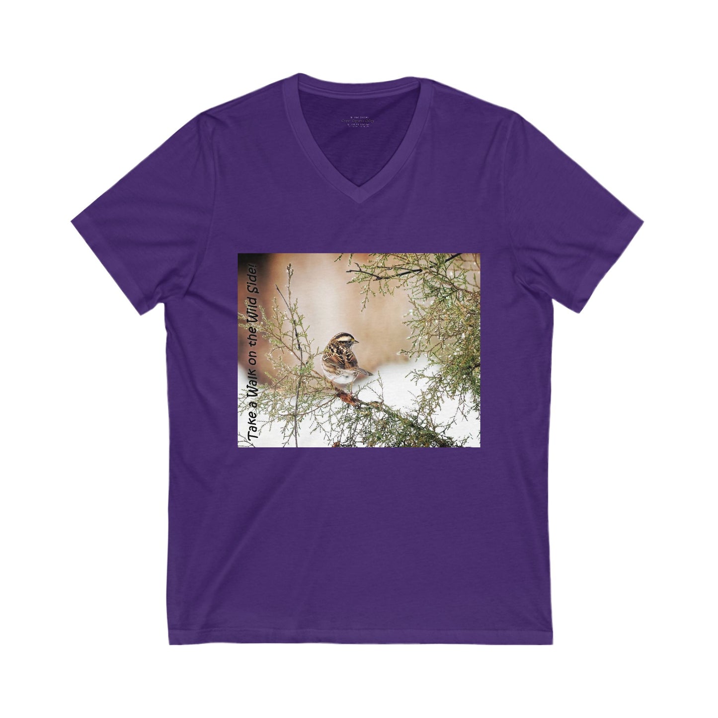 Sparrow in a snow-speckled evergreen. V-Neck Tee-Shirt