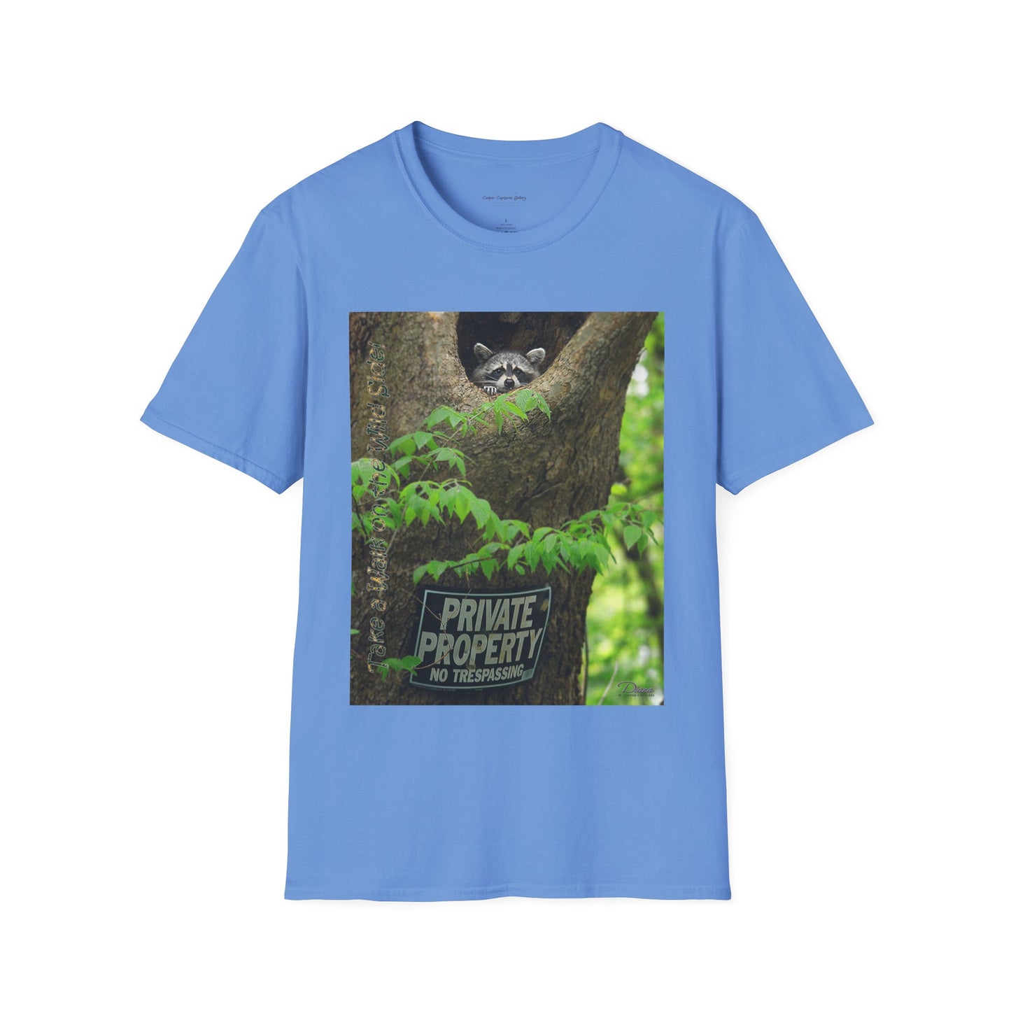 Playful raccoon in a tree hole with "Private Property" sign - T-shirt