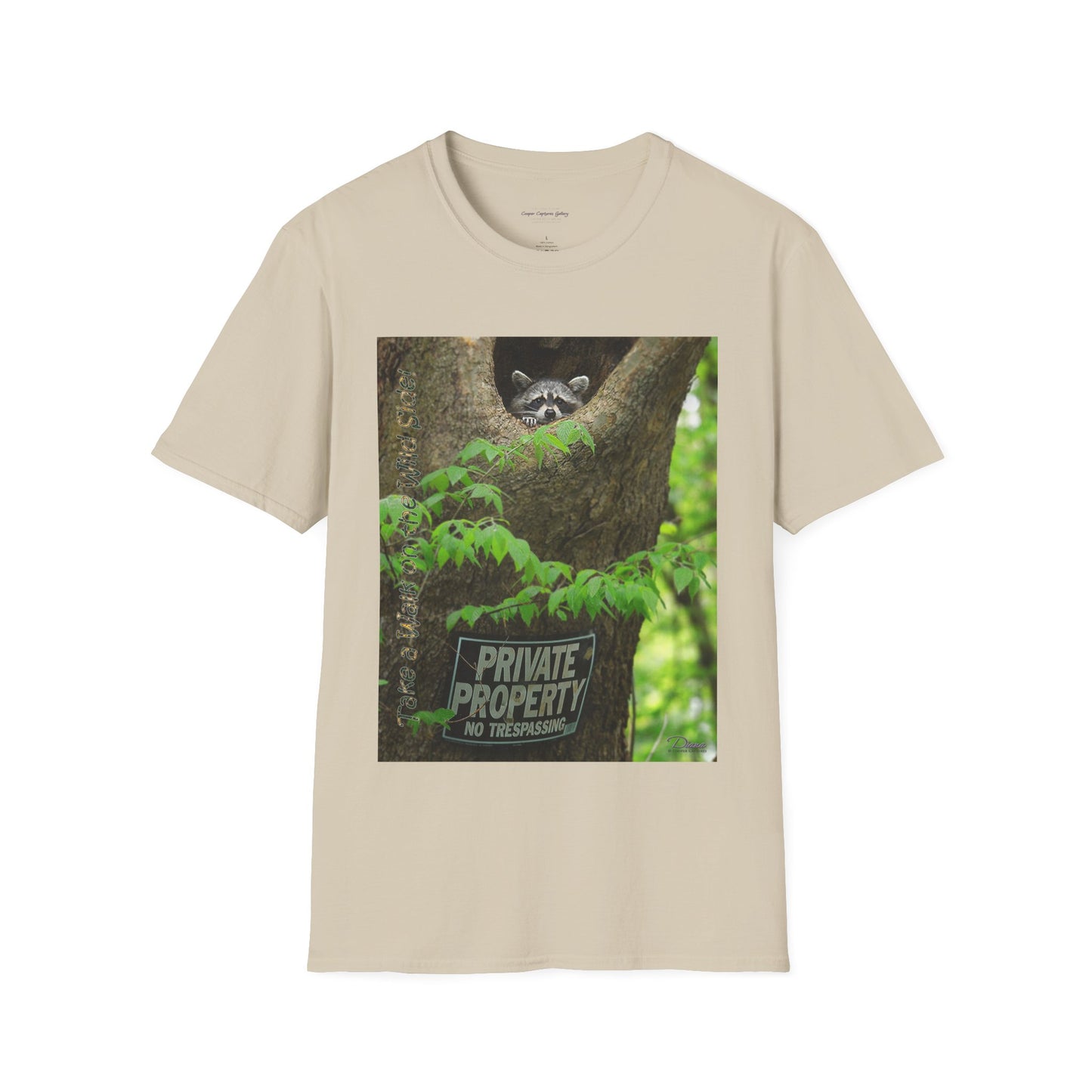Playful raccoon in a tree hole with "Private Property" sign - T-shirt