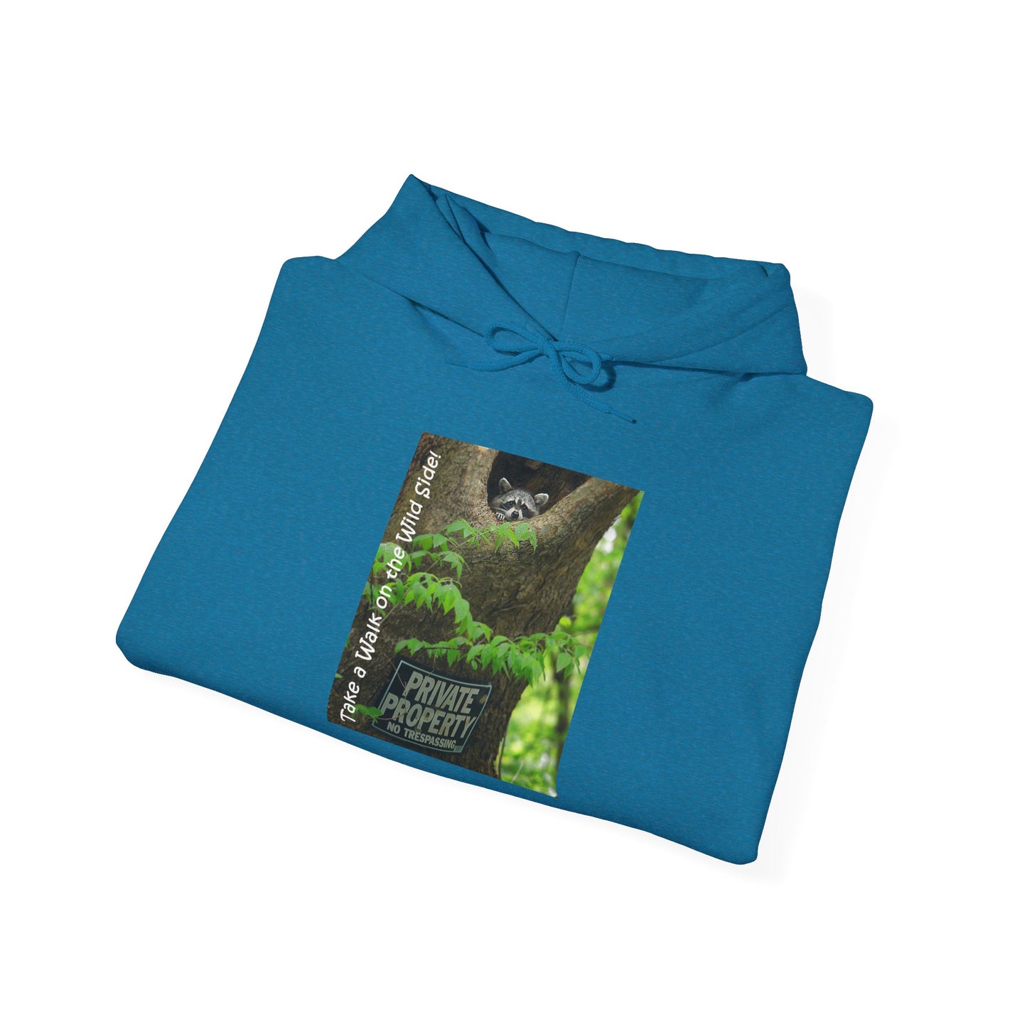 Raccoon in a tree opening with "Private Property" sign - Heavy Blend™ Hooded Sweatshirt