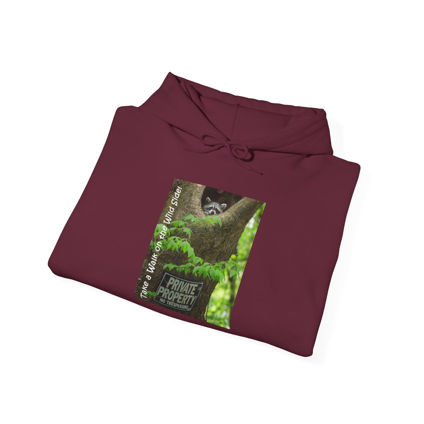 Raccoon in a tree opening with "Private Property" sign - Heavy Blend™ Hooded Sweatshirt