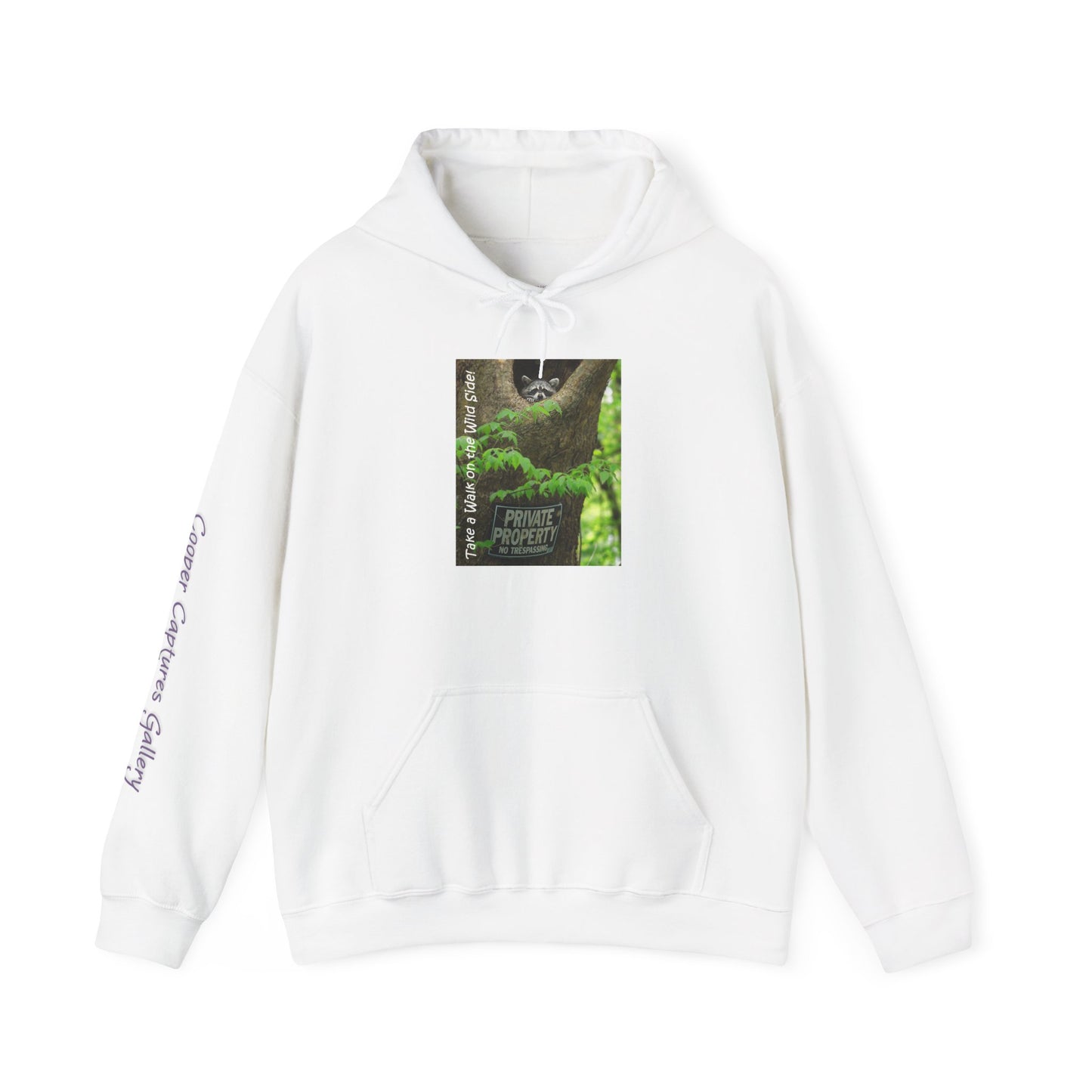 Raccoon in a tree opening with "Private Property" sign - Heavy Blend™ Hooded Sweatshirt