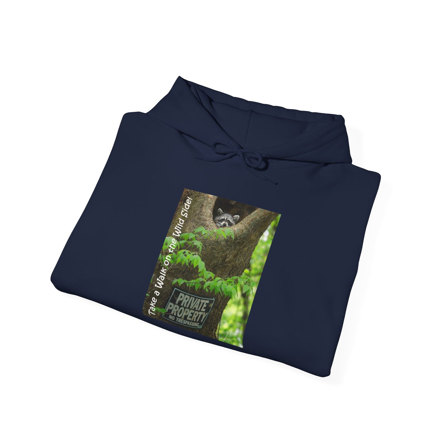 Raccoon in a tree opening with "Private Property" sign - Heavy Blend™ Hooded Sweatshirt