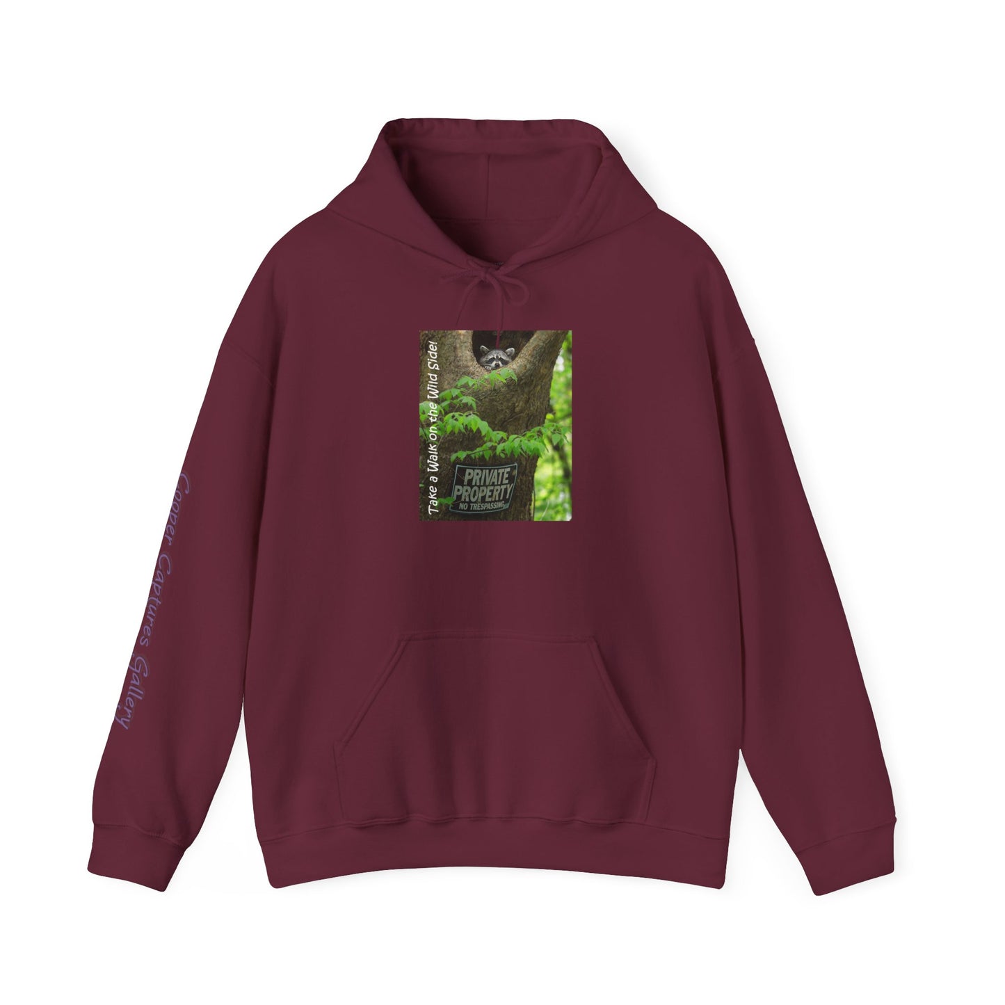 Raccoon in a tree opening with "Private Property" sign - Heavy Blend™ Hooded Sweatshirt