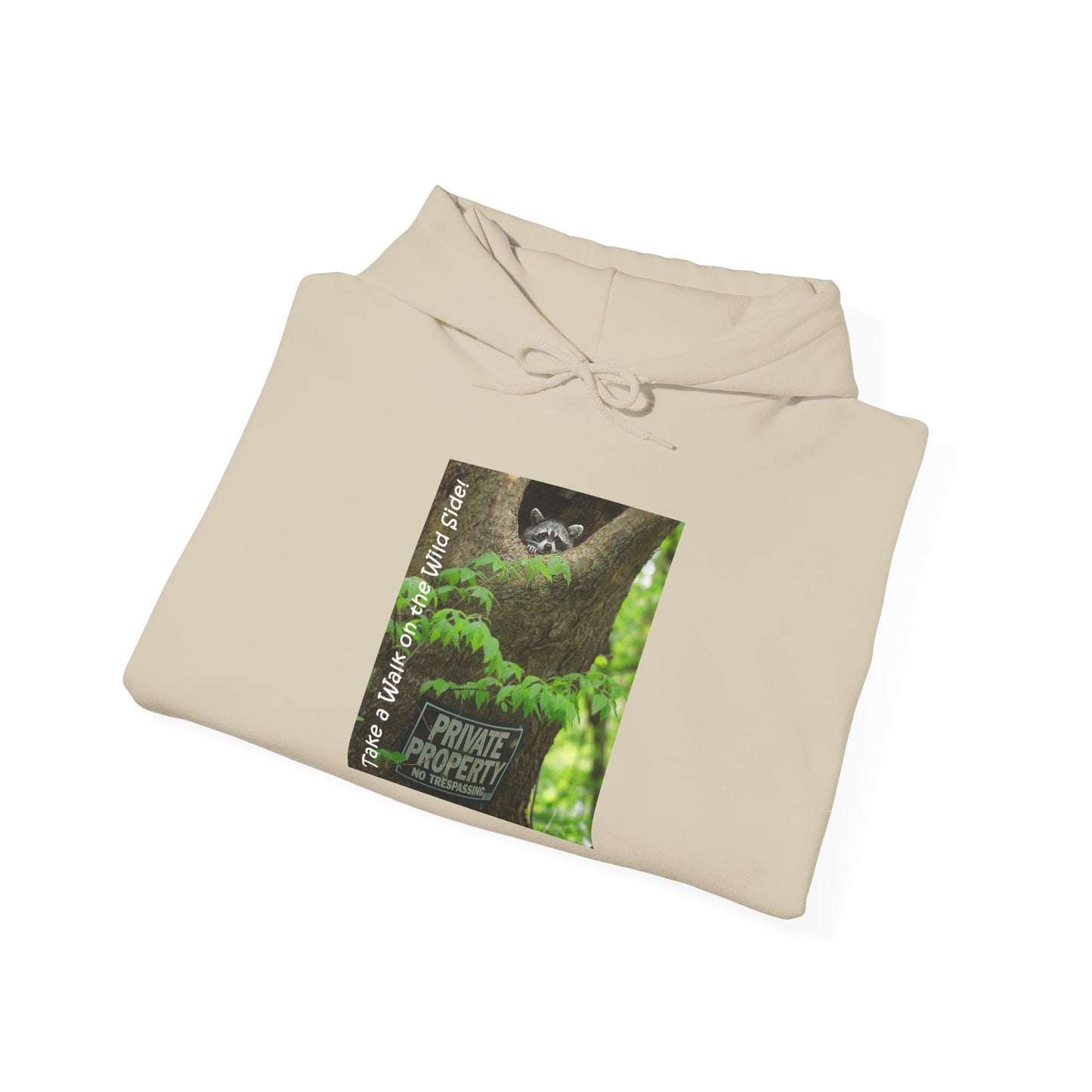 Raccoon in a tree opening with "Private Property" sign - Heavy Blend™ Hooded Sweatshirt