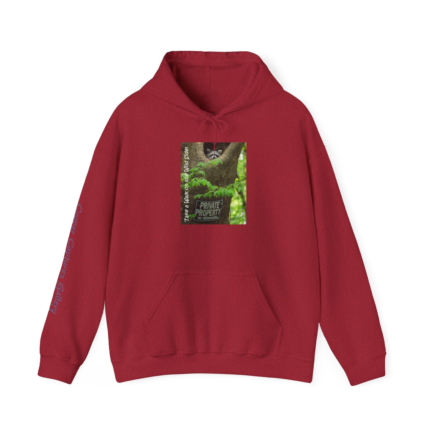 Raccoon in a tree opening with "Private Property" sign - Heavy Blend™ Hooded Sweatshirt