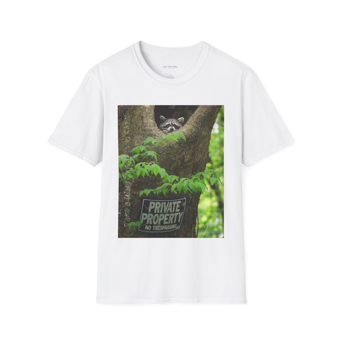 Playful raccoon in a tree hole with "Private Property" sign - T-shirt