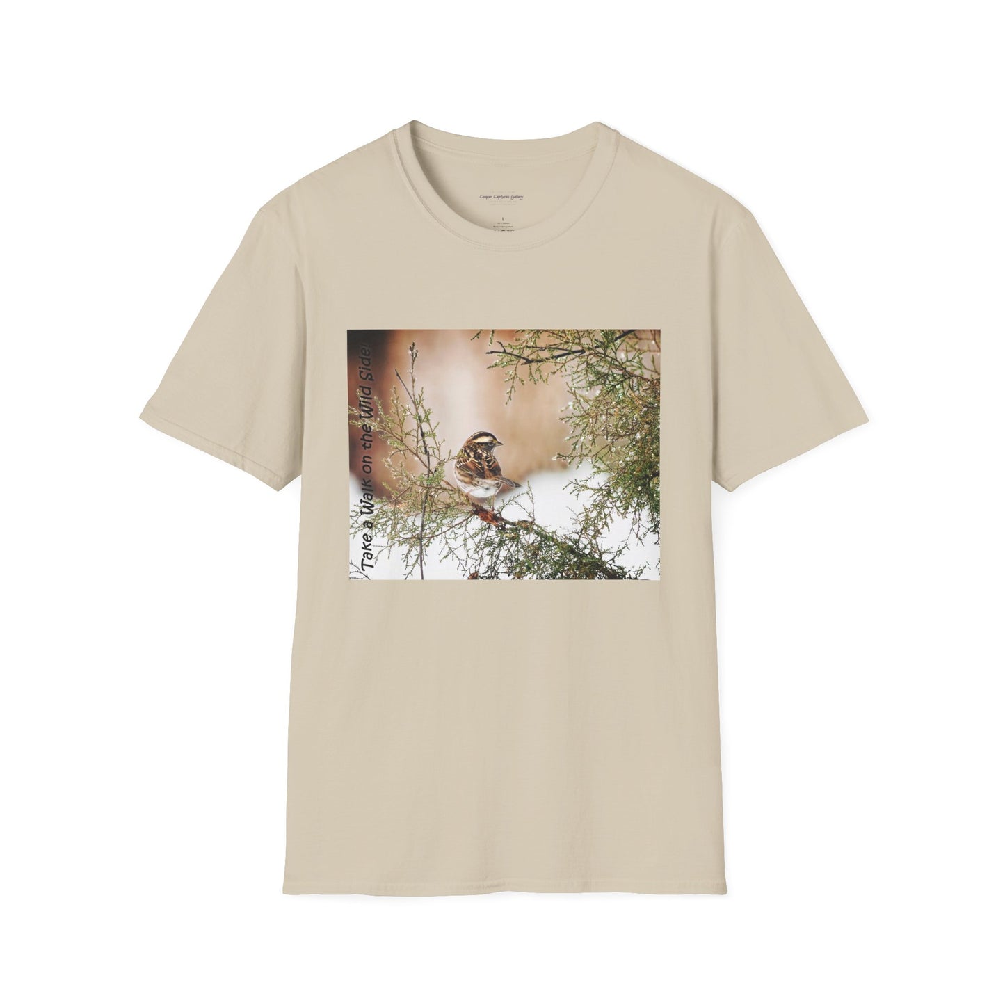 Sparrow sitting in an evergreen surrounded by snow - T-shirt