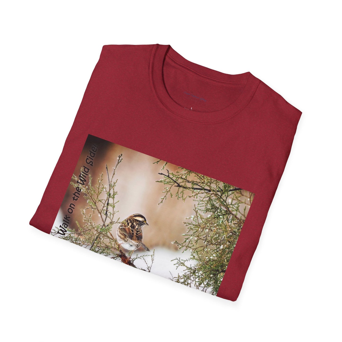 Sparrow sitting in an evergreen surrounded by snow - T-shirt