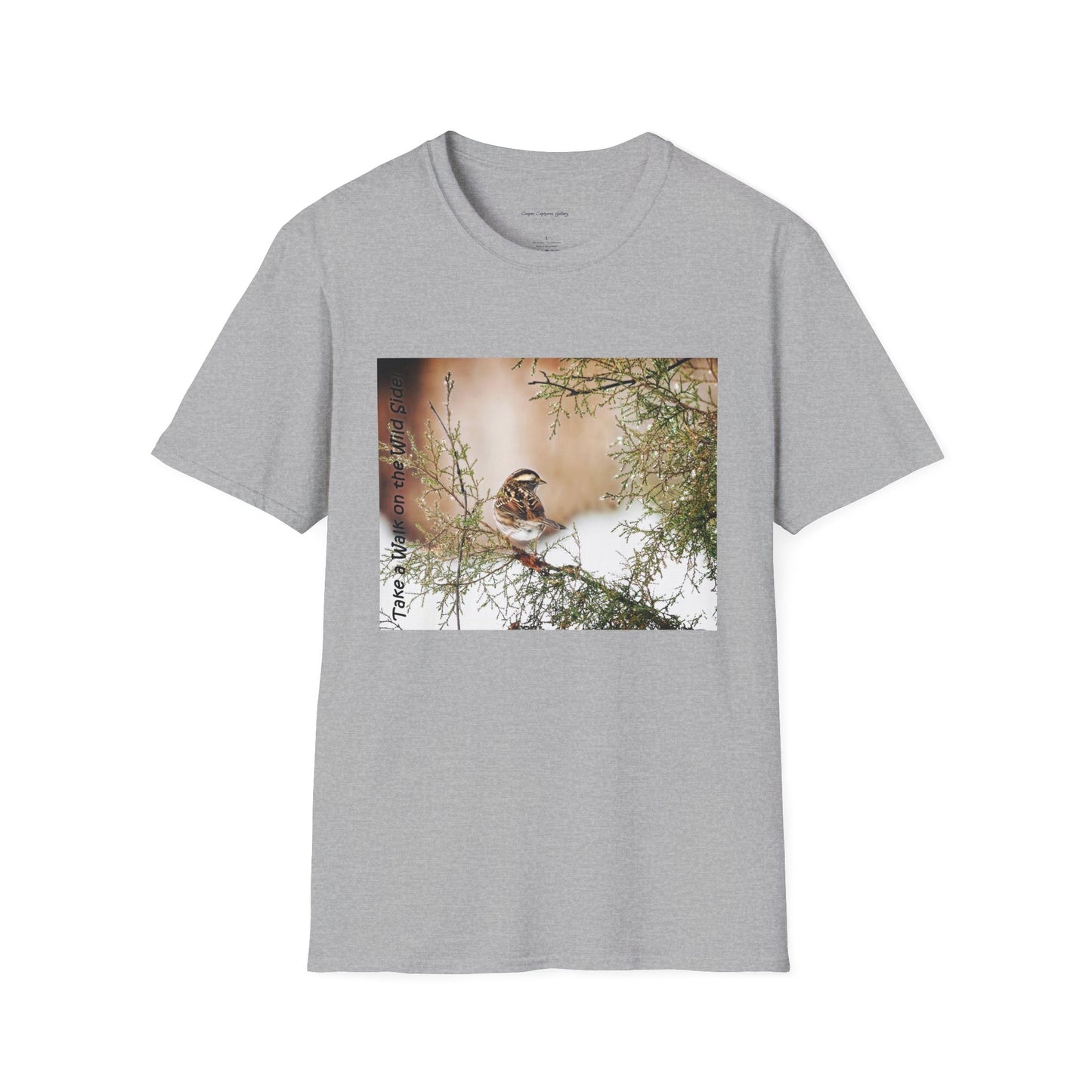Sparrow sitting in an evergreen surrounded by snow - T-shirt