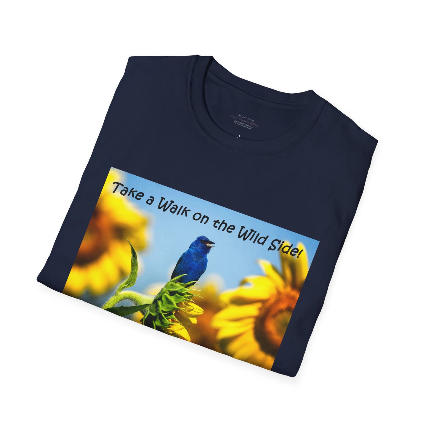 Indigo bunting on sunflowers with a blue sky - T-shirt