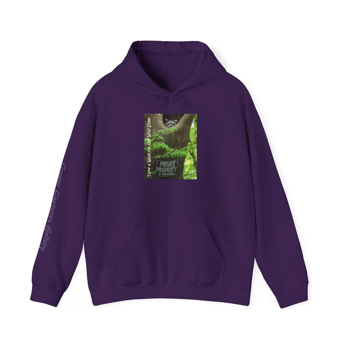 Raccoon in a tree opening with "Private Property" sign - Heavy Blend™ Hooded Sweatshirt
