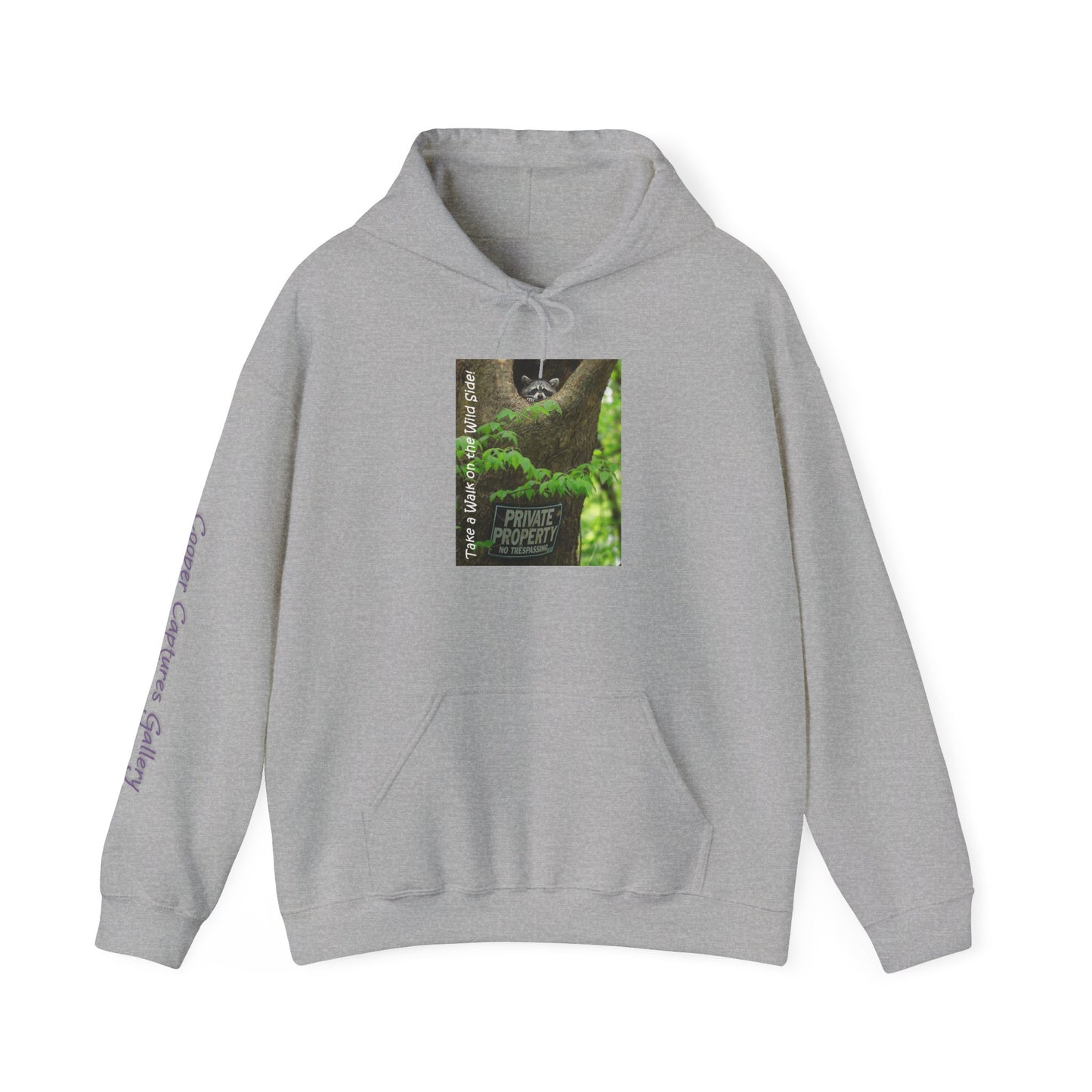 Raccoon in a tree opening with "Private Property" sign - Heavy Blend™ Hooded Sweatshirt