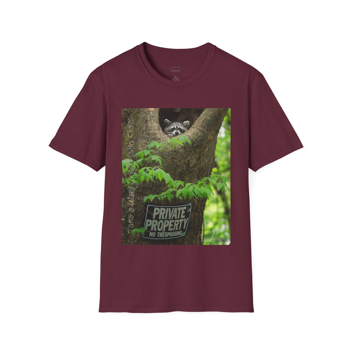 Playful raccoon in a tree hole with "Private Property" sign - T-shirt