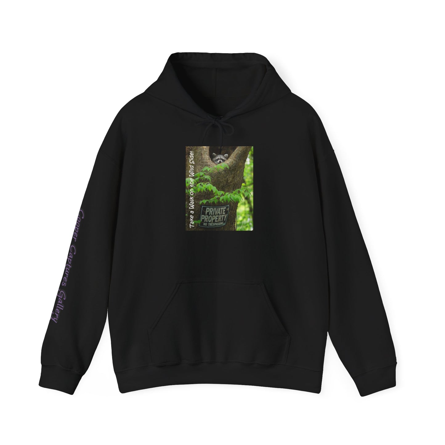 Raccoon in a tree opening with "Private Property" sign - Heavy Blend™ Hooded Sweatshirt