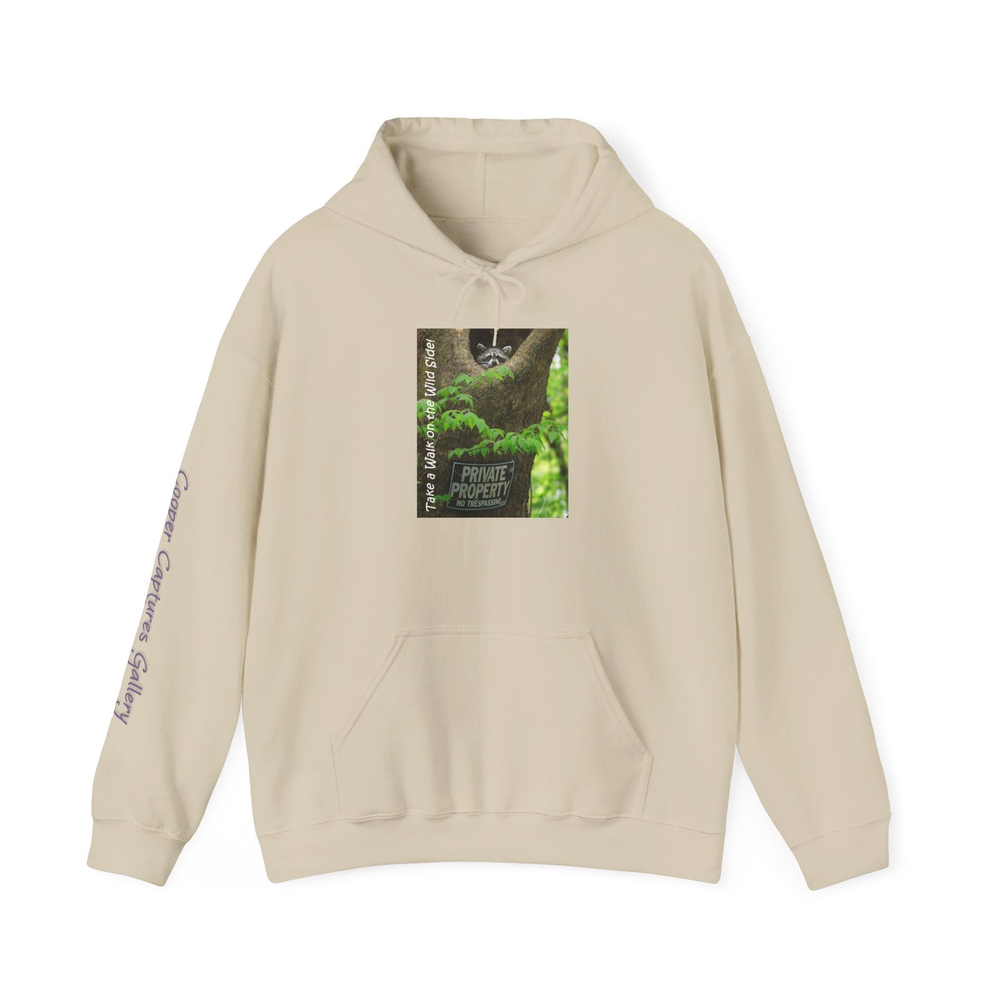 Raccoon in a tree opening with "Private Property" sign - Heavy Blend™ Hooded Sweatshirt
