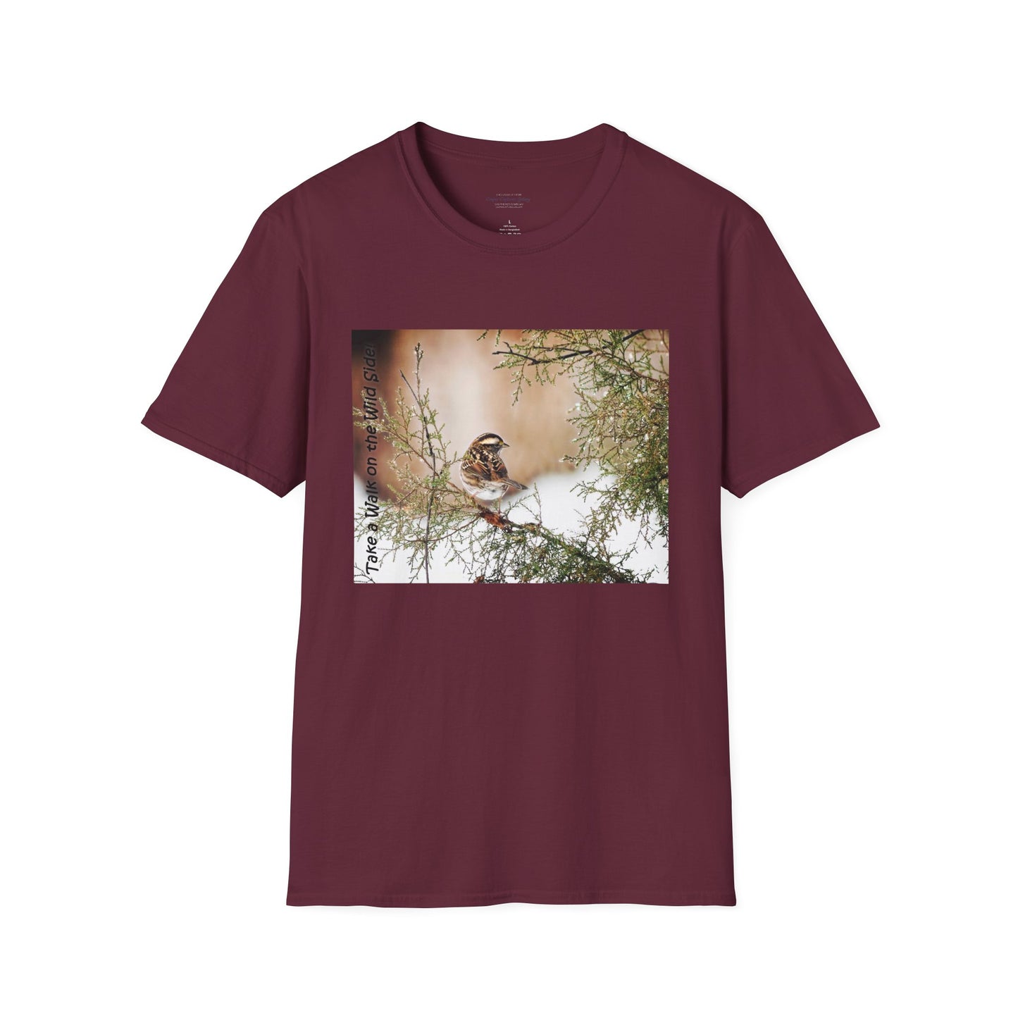 Sparrow sitting in an evergreen surrounded by snow - T-shirt
