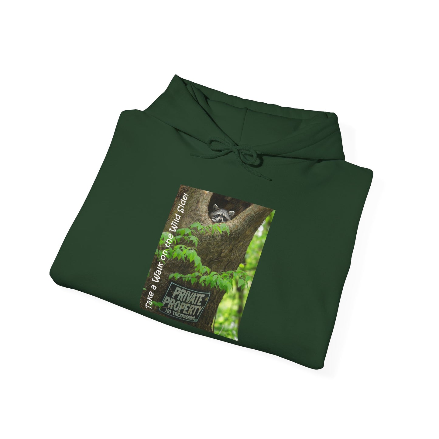 Raccoon in a tree opening with "Private Property" sign - Heavy Blend™ Hooded Sweatshirt