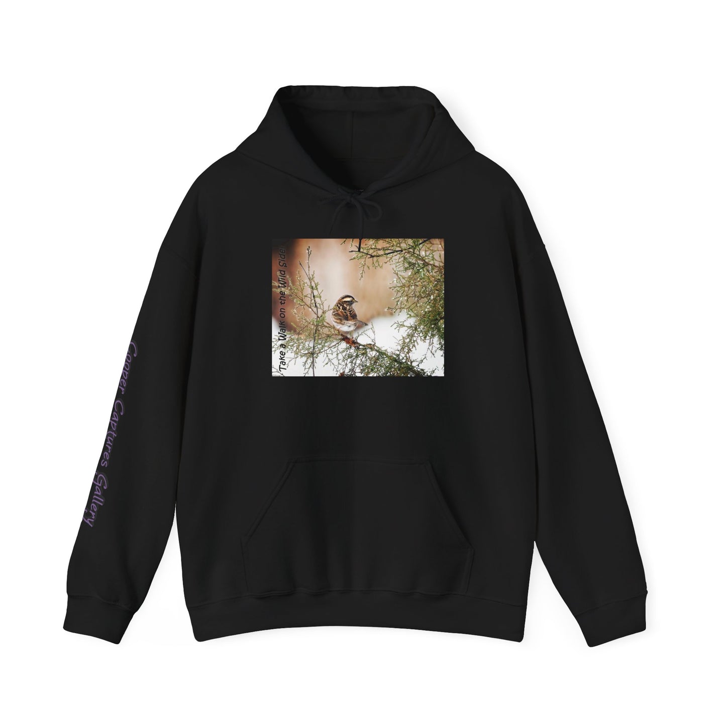 Sparrow in an evergreen with snow - Heavy Blend™ Hooded Sweatshirt