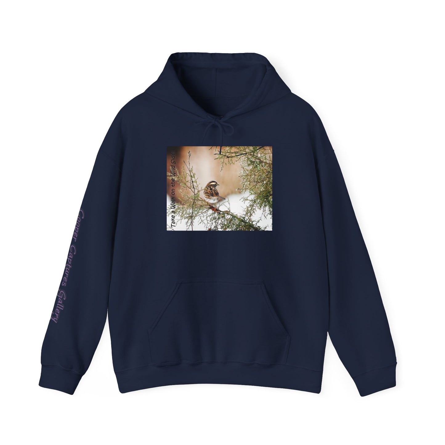 Sparrow in an evergreen with snow - Heavy Blend™ Hooded Sweatshirt