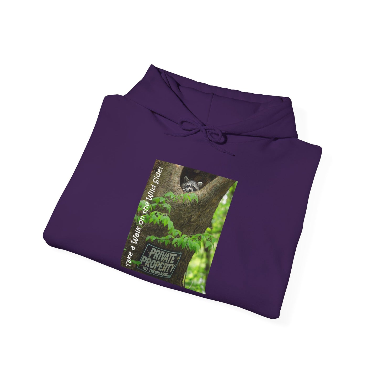 Raccoon in a tree opening with "Private Property" sign - Heavy Blend™ Hooded Sweatshirt