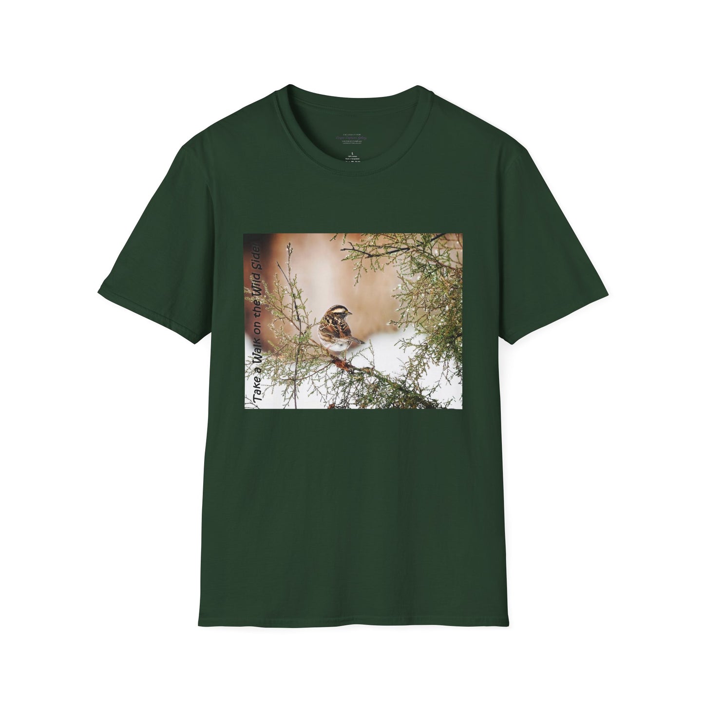 Sparrow sitting in an evergreen surrounded by snow - T-shirt