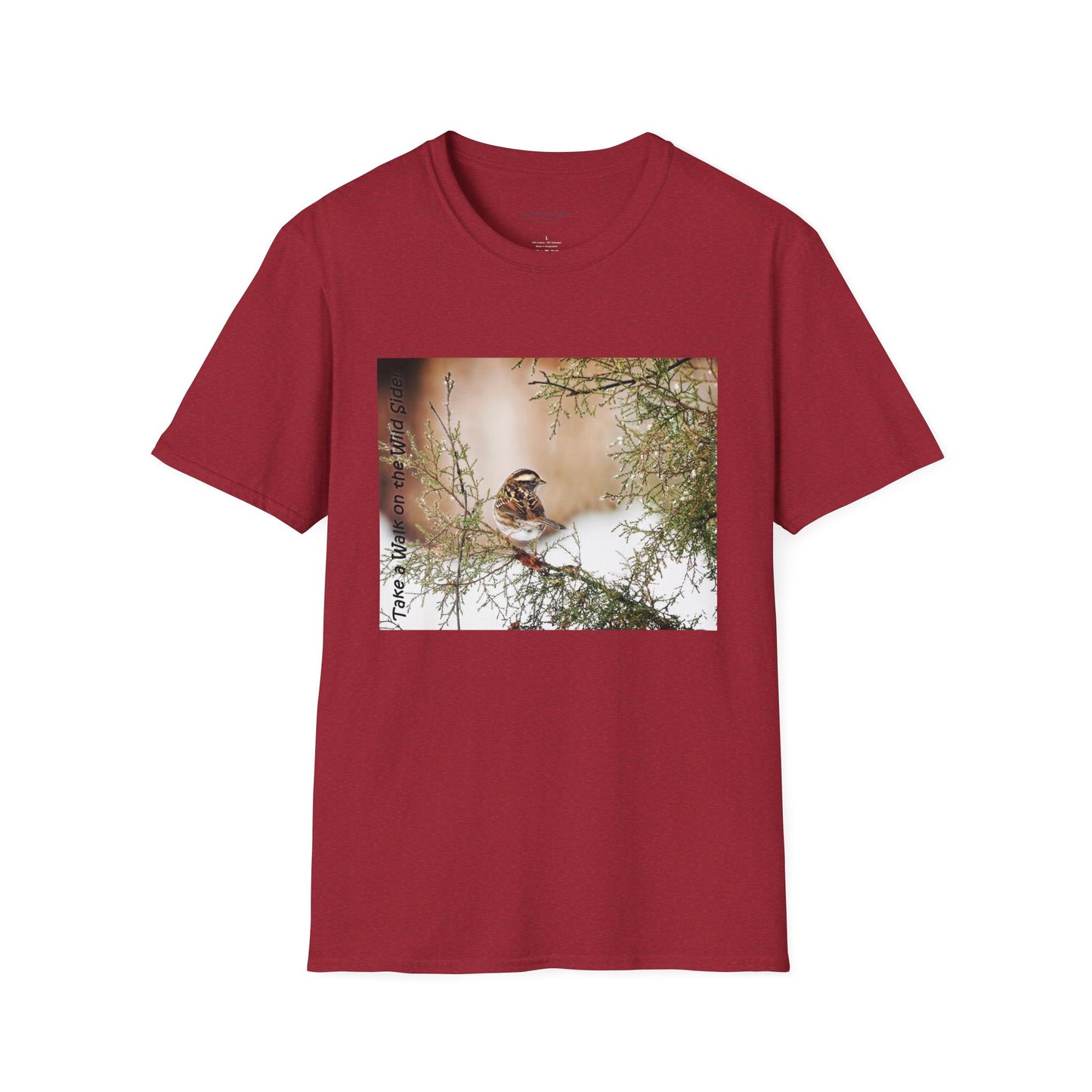 Sparrow sitting in an evergreen surrounded by snow - T-shirt