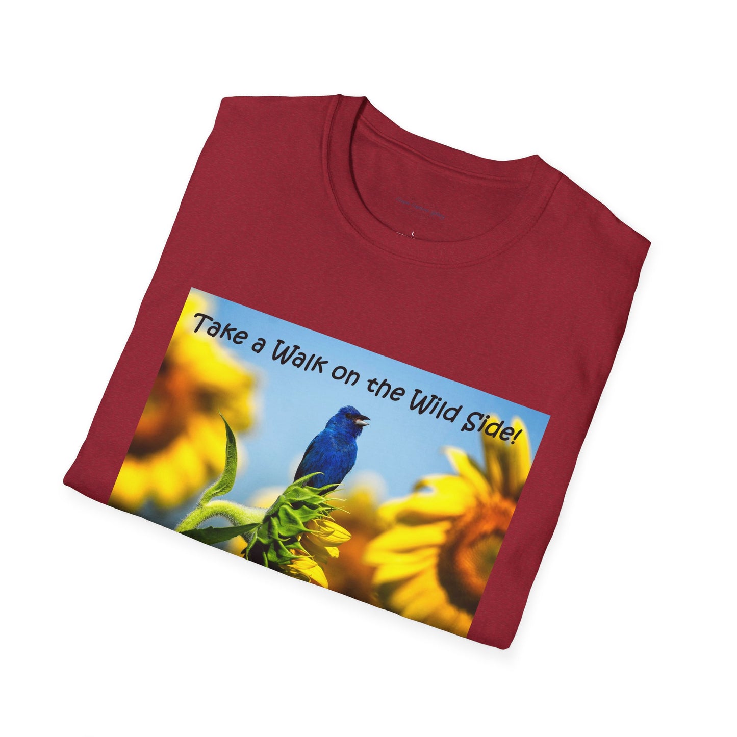 Indigo bunting on sunflowers with a blue sky - T-shirt