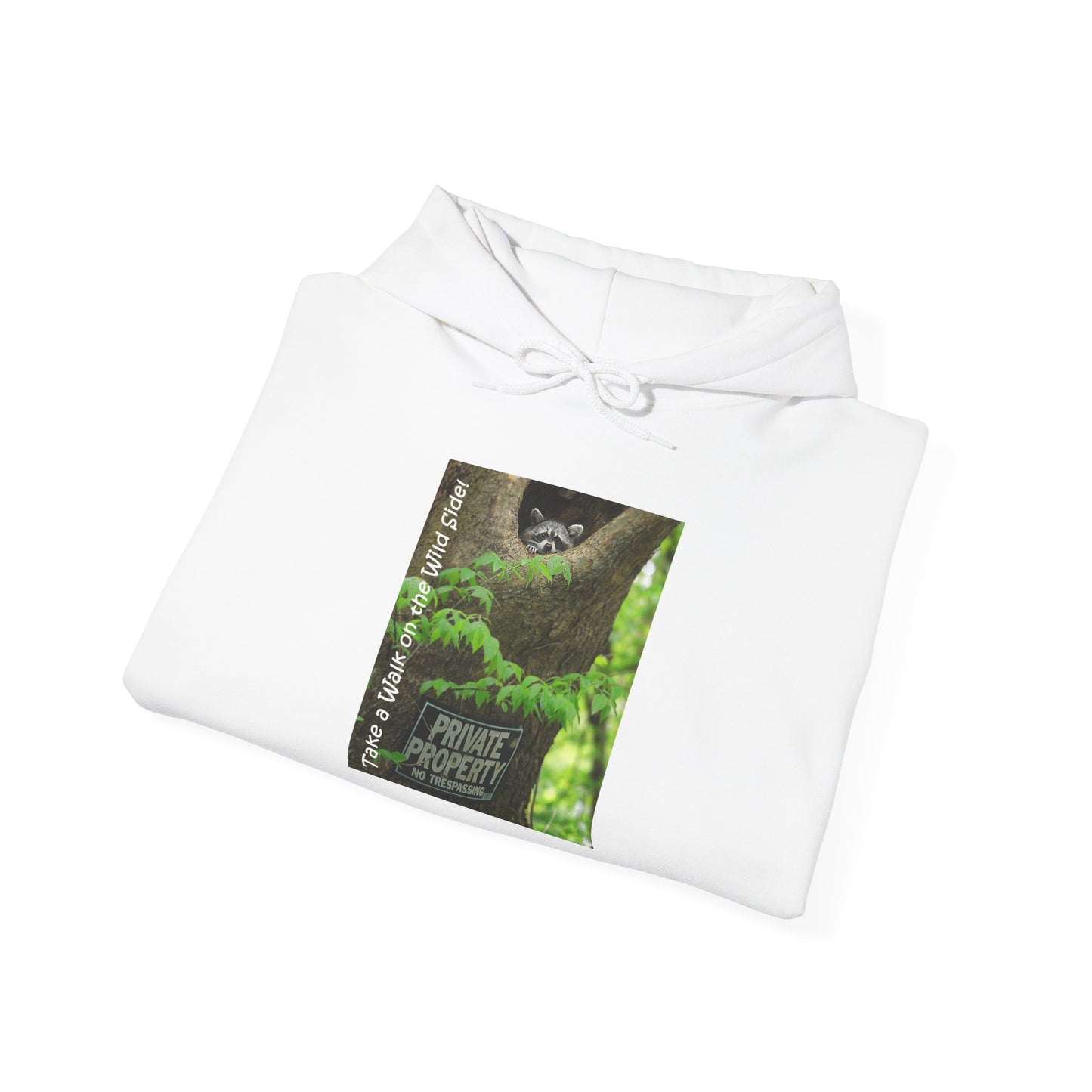 Raccoon in a tree opening with "Private Property" sign - Heavy Blend™ Hooded Sweatshirt