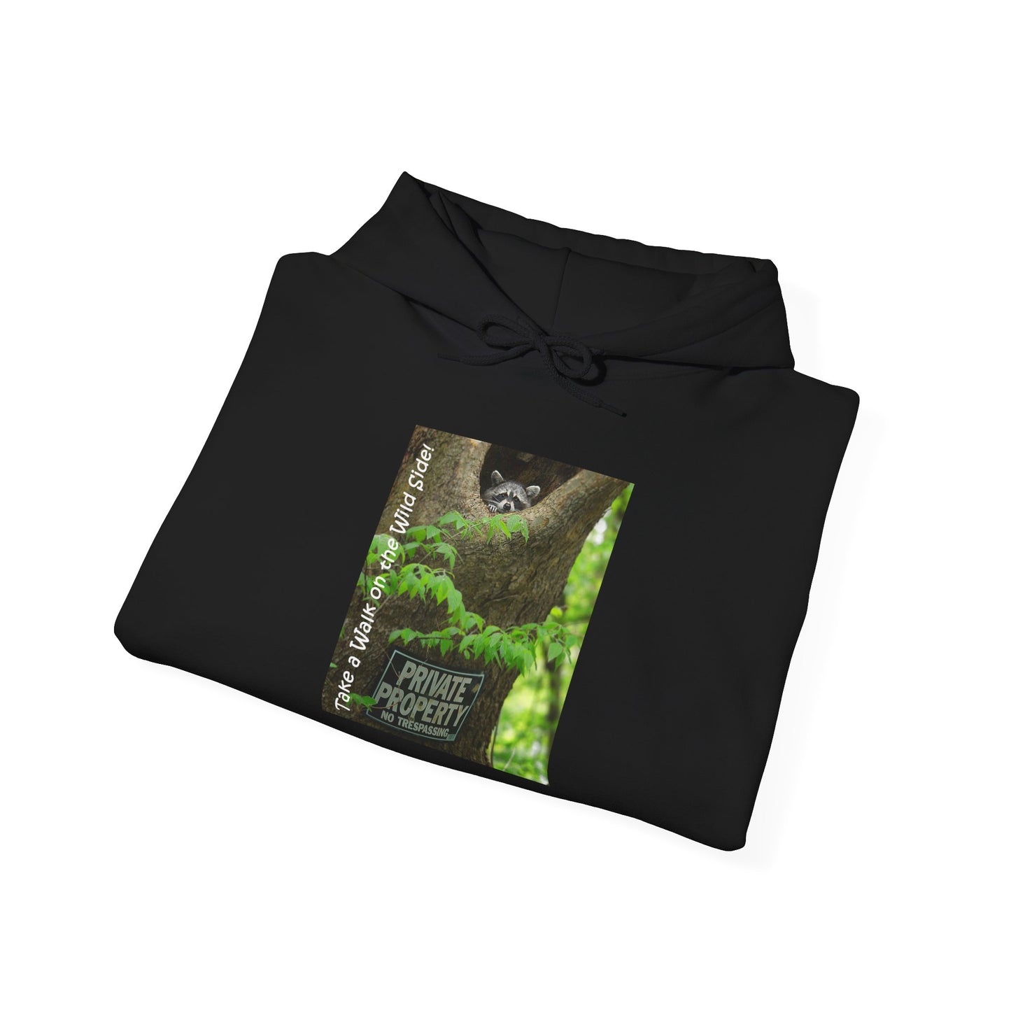 Raccoon in a tree opening with "Private Property" sign - Heavy Blend™ Hooded Sweatshirt
