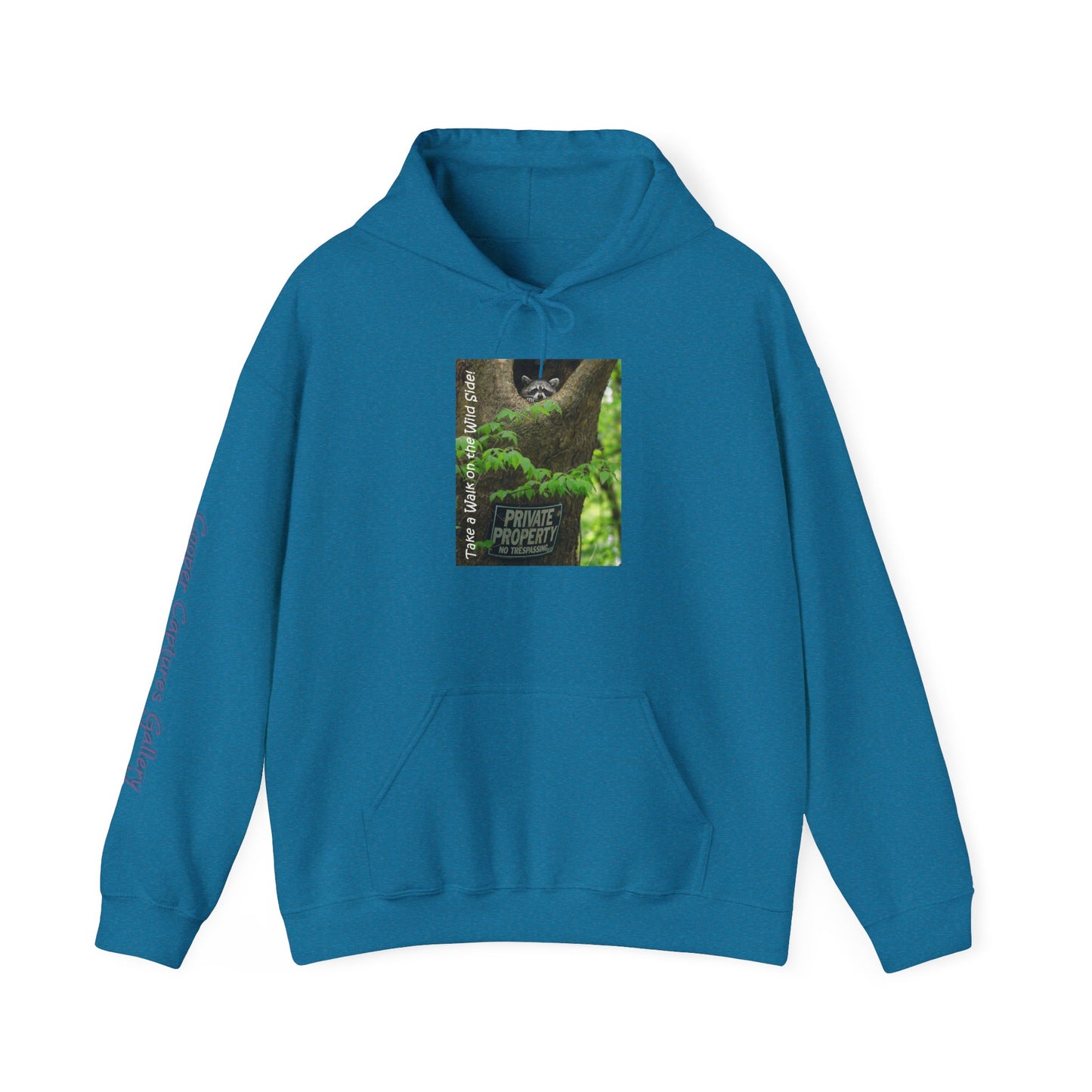 Raccoon in a tree opening with "Private Property" sign - Heavy Blend™ Hooded Sweatshirt