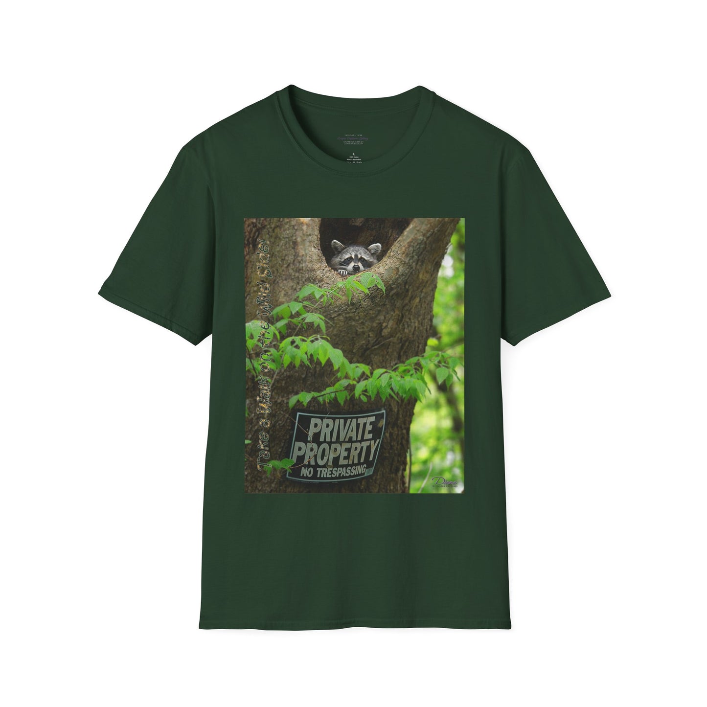 Playful raccoon in a tree hole with "Private Property" sign - T-shirt