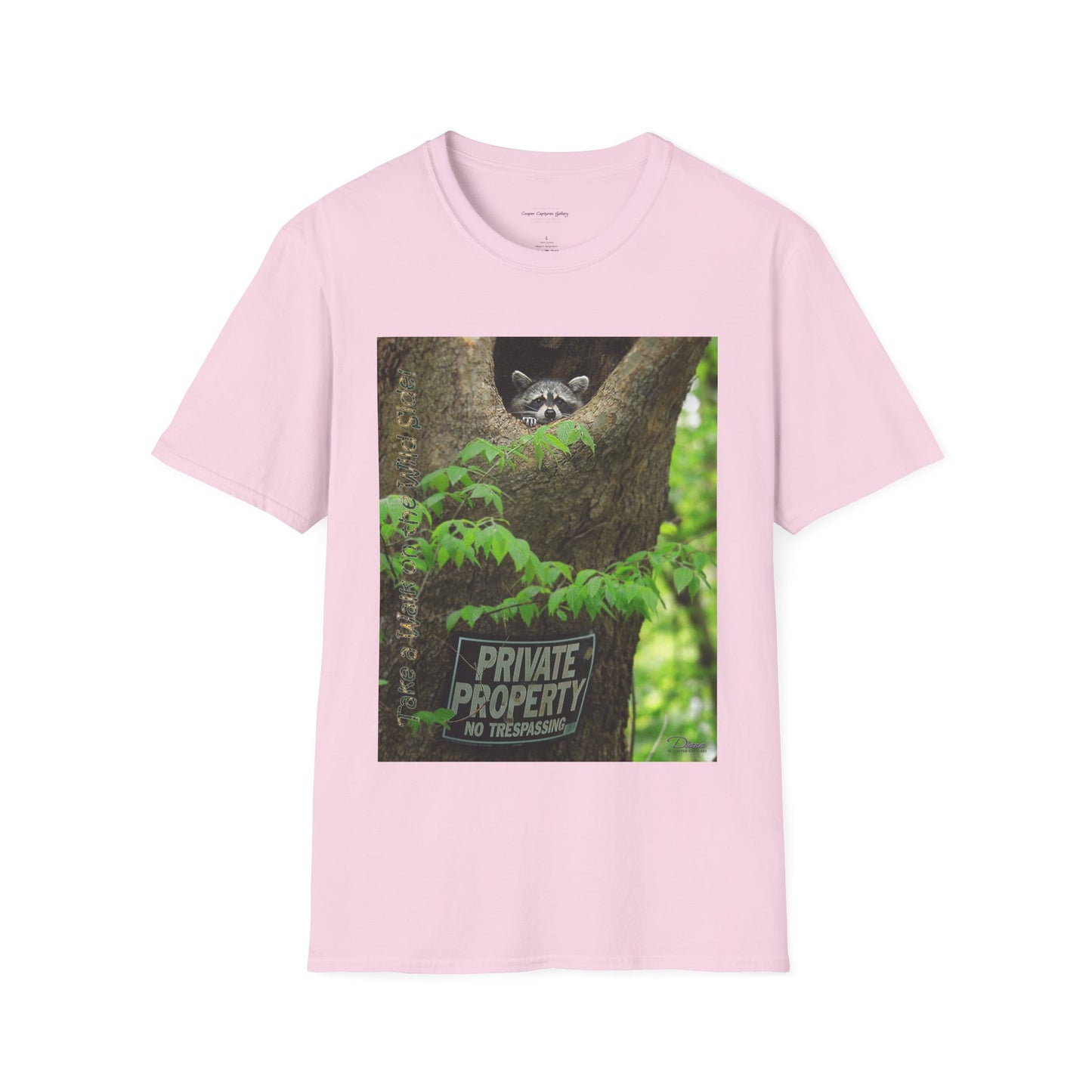 Playful raccoon in a tree hole with "Private Property" sign - T-shirt