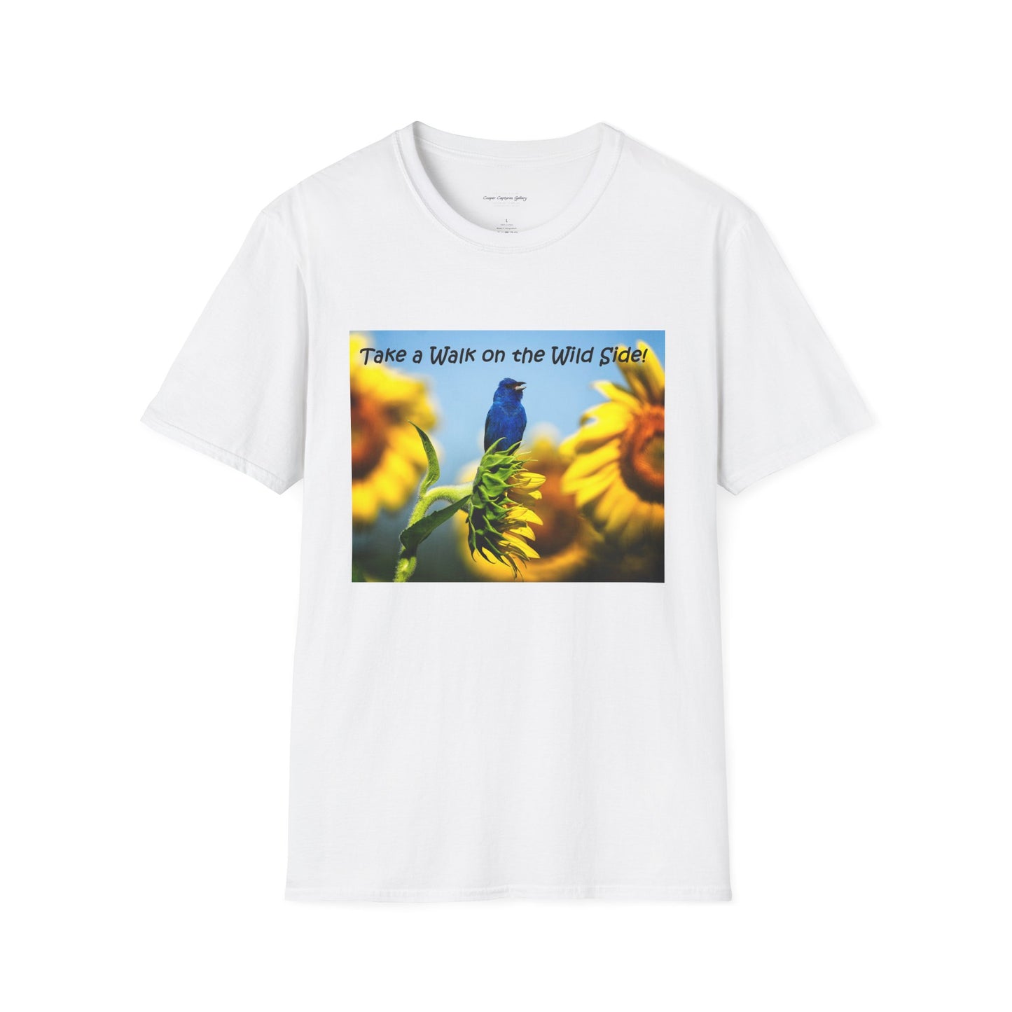 Indigo bunting on sunflowers with a blue sky - T-shirt