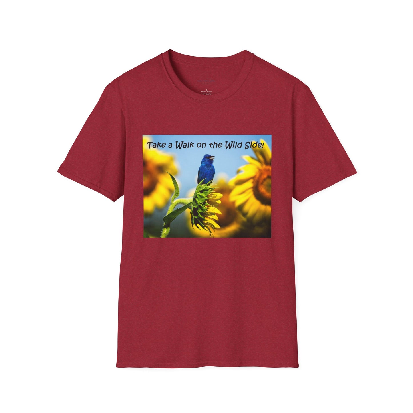 Indigo bunting on sunflowers with a blue sky - T-shirt