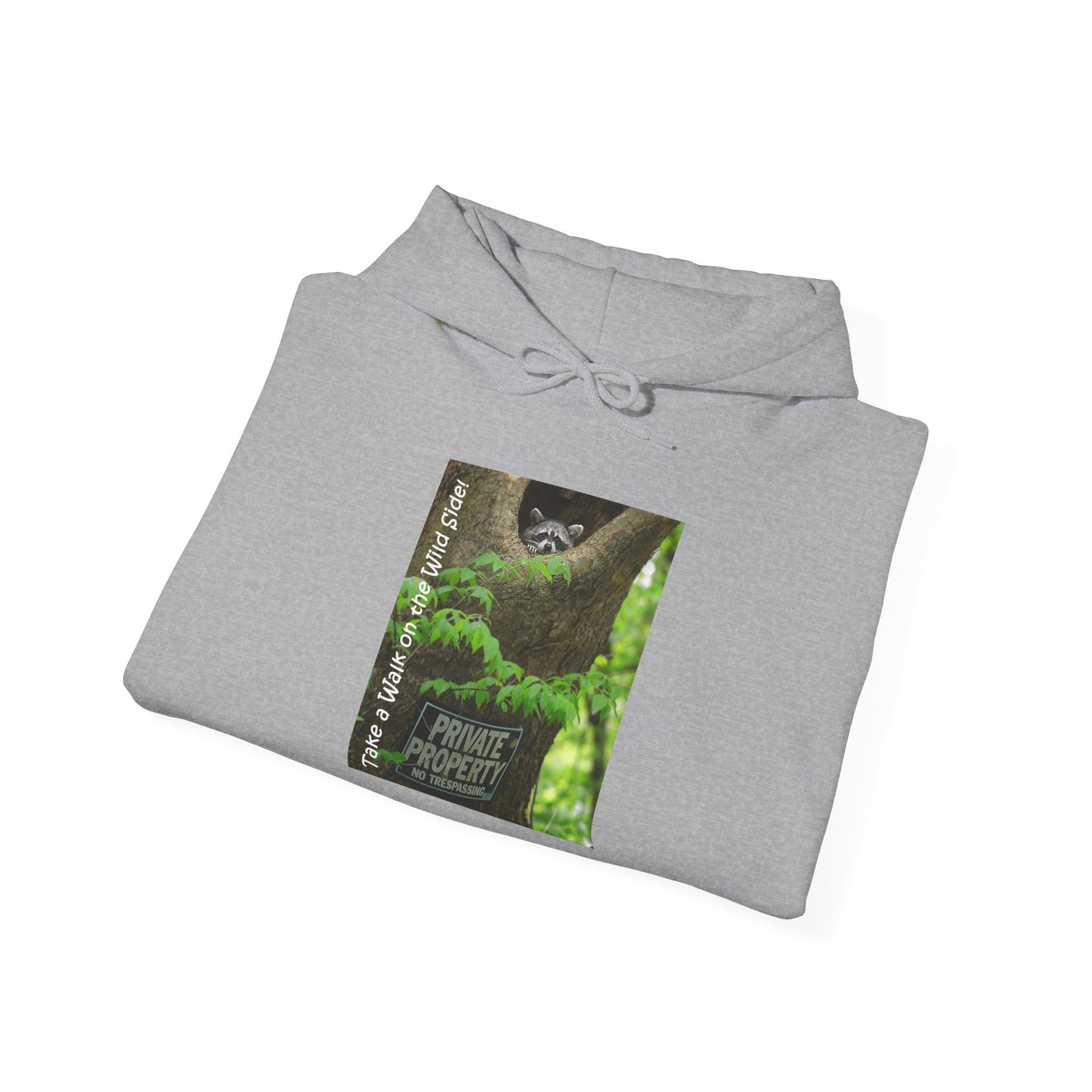 Raccoon in a tree opening with "Private Property" sign - Heavy Blend™ Hooded Sweatshirt