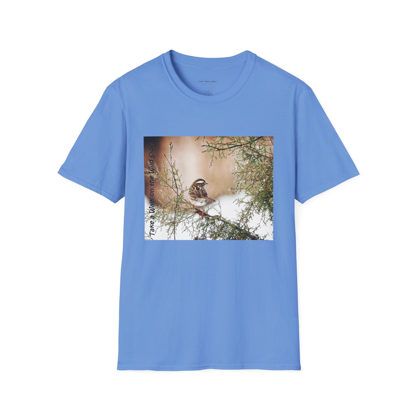 Sparrow sitting in an evergreen surrounded by snow - T-shirt