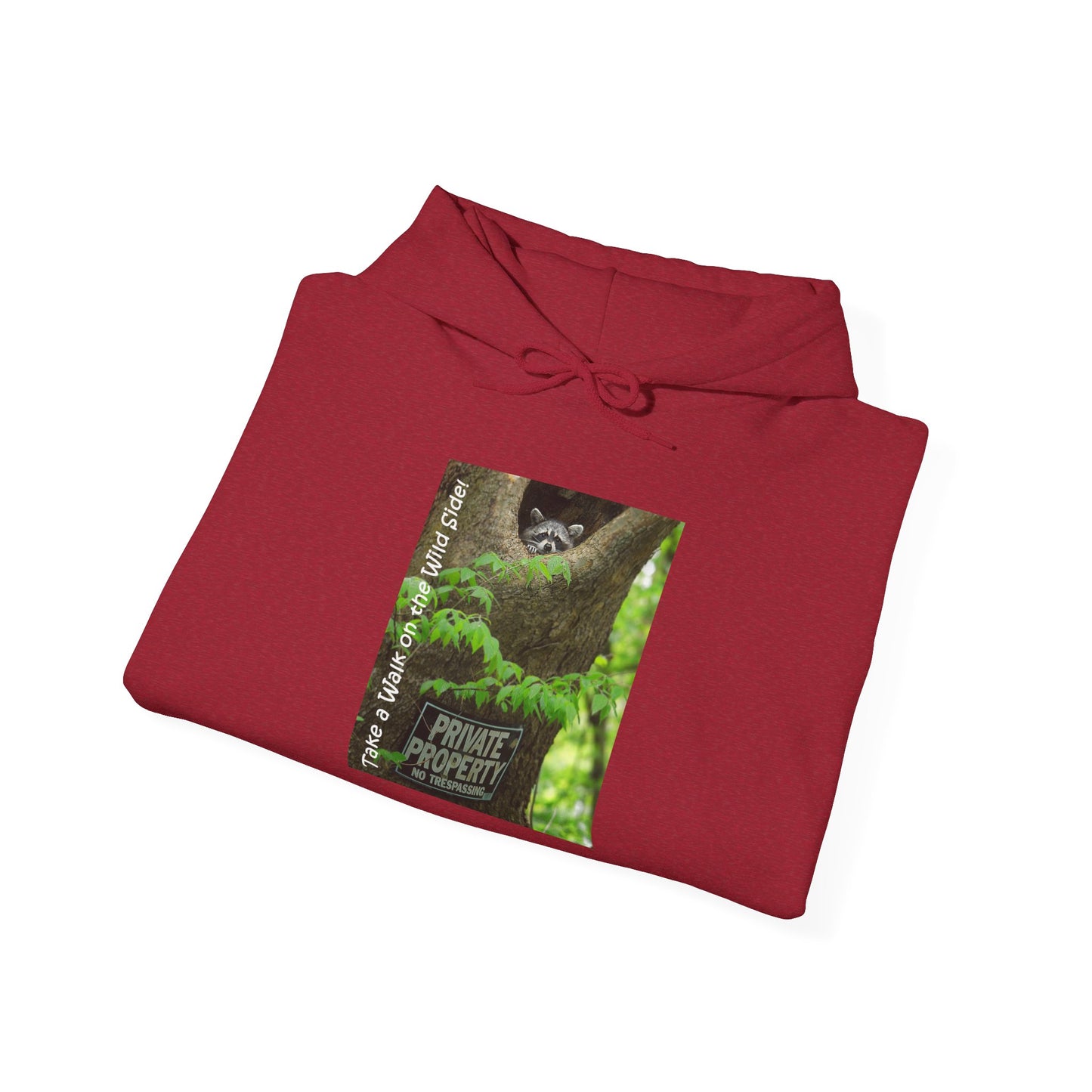 Raccoon in a tree opening with "Private Property" sign - Heavy Blend™ Hooded Sweatshirt