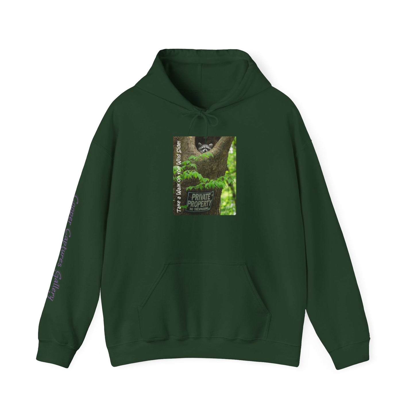 Raccoon in a tree opening with "Private Property" sign - Heavy Blend™ Hooded Sweatshirt