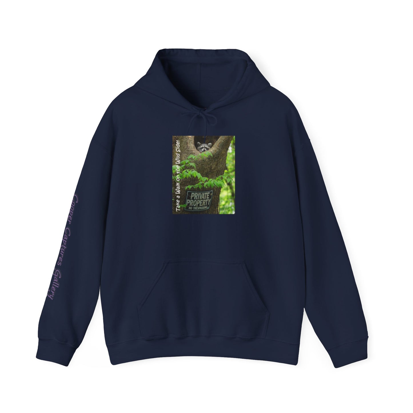 Raccoon in a tree opening with "Private Property" sign - Heavy Blend™ Hooded Sweatshirt