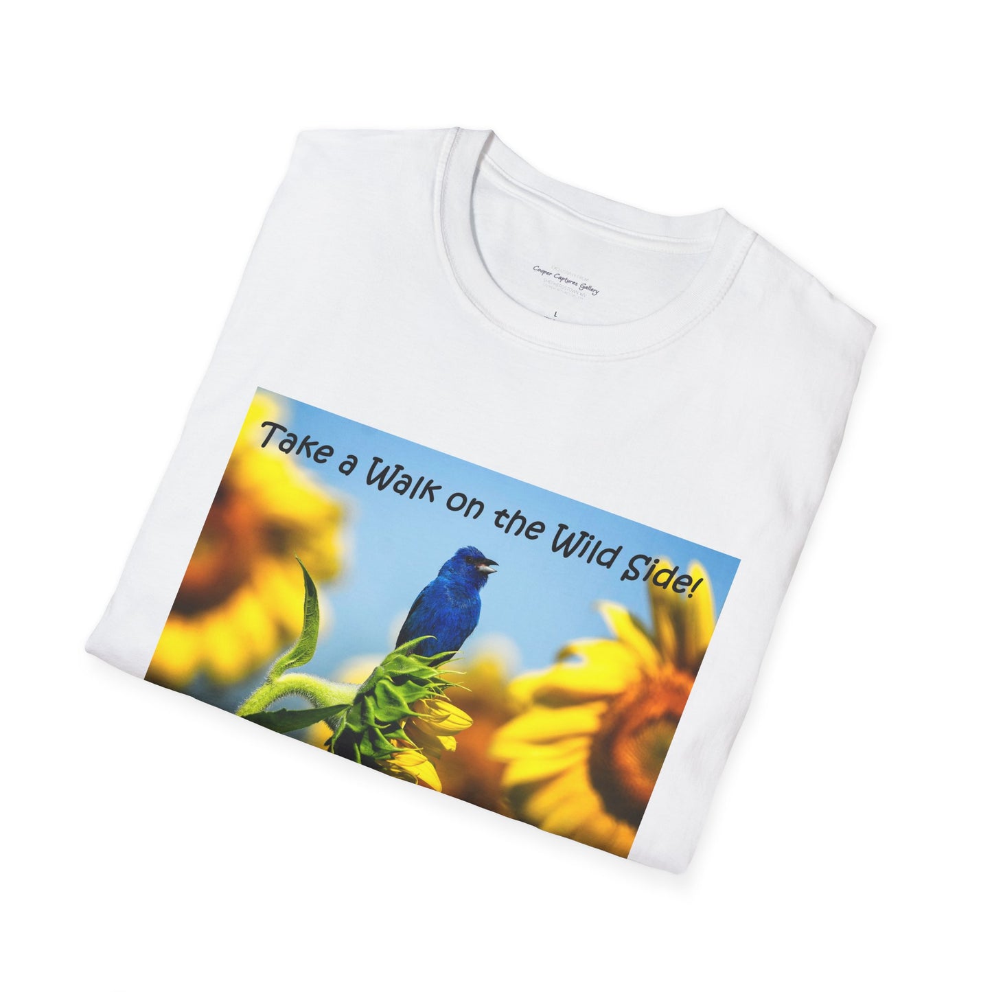 Indigo bunting on sunflowers with a blue sky - T-shirt