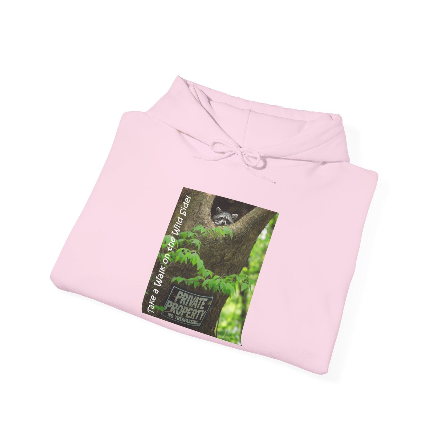 Raccoon in a tree opening with "Private Property" sign - Heavy Blend™ Hooded Sweatshirt