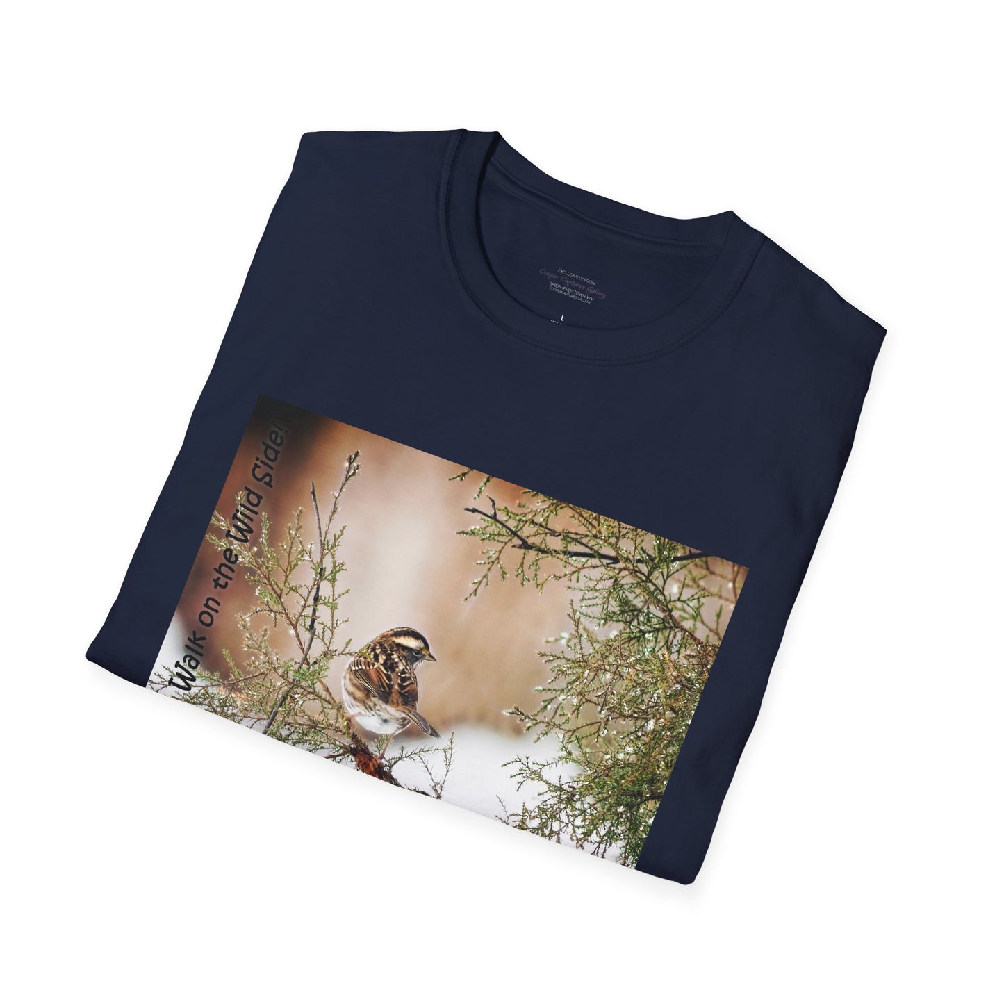 Sparrow sitting in an evergreen surrounded by snow - T-shirt